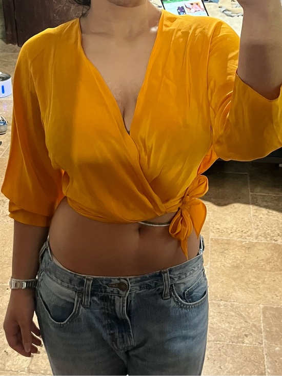 Unique Vintage Tops - Vintage Golden Orange Satin Wrap Tie Crop Top